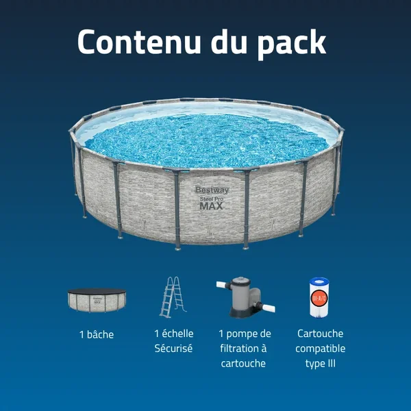 Piscine hors sol tubulaire ronde Bestway Steel Pro Max 488 x 122 cm décor pierres
