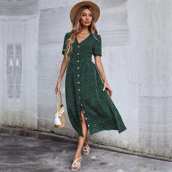 Robe Bohème Verte À Pois