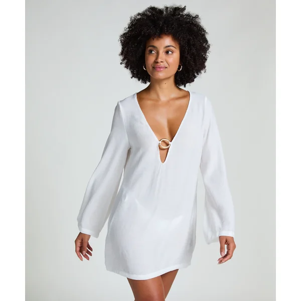 Robe de plage à manches longues et anneaux - Blanc
