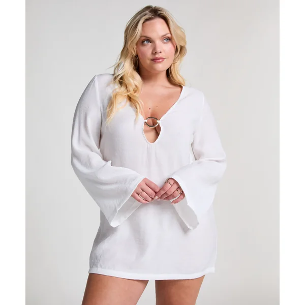 Robe de plage à manches longues et anneaux - Blanc