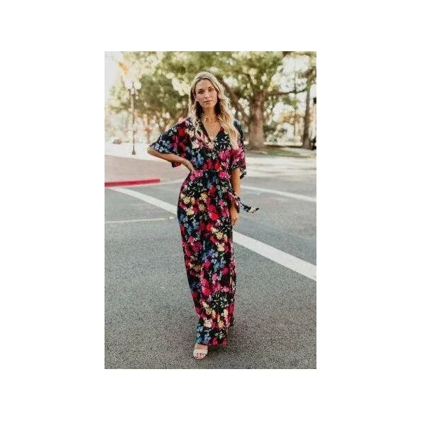 Robe Longue Bohème Noire Fleurie