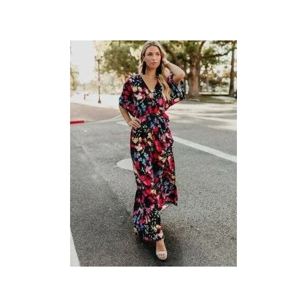 Robe Longue Bohème Noire Fleurie