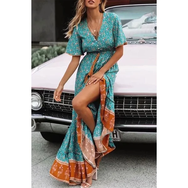 Robe Longue Bohème Turquoise Indienne – Hazel