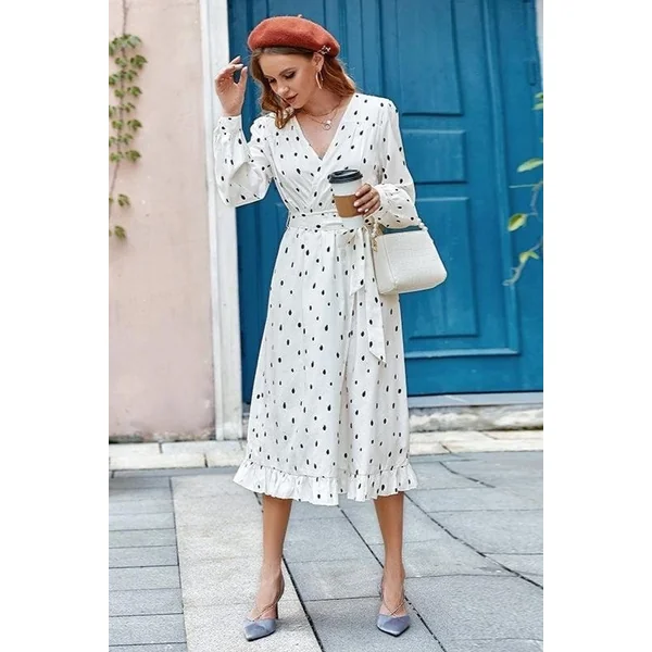 Robe Midi Bohème À Pois Noirs
