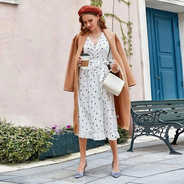 Robe Midi Bohème À Pois Noirs
