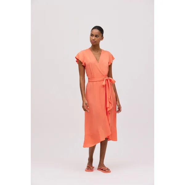 Robe midi portefeuille corail à manches courtes
