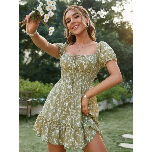 Robe À Col Carré Imprimé Vert