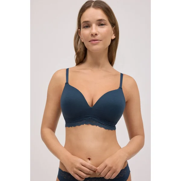 Soutien-gorge rembourré côtelé sans armatures avec dentelle bleu marine, bonnet B