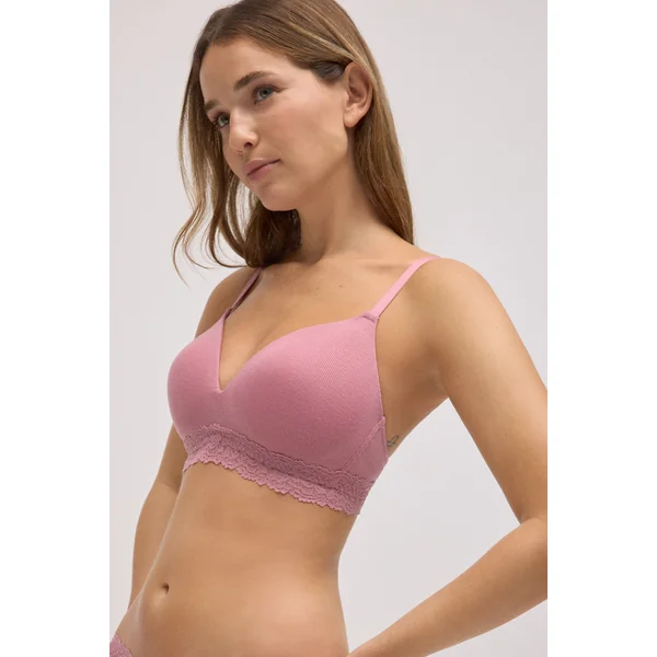 Soutien-gorge rembourré côtelé sans armatures avec dentelle rose, bonnet B