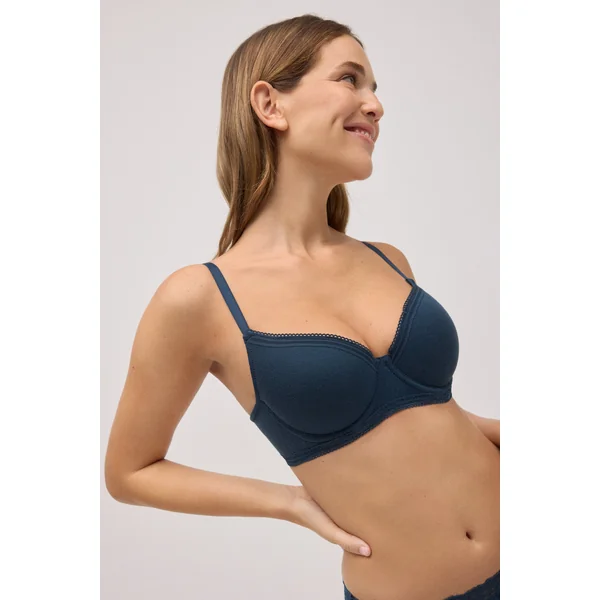 Soutien-gorge à armatures rembourré côtelé avec dentelle bleu marine, bonnets B et C