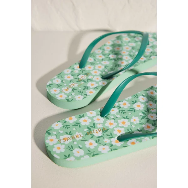 Tongs de plage plates vertes à imprimé floral