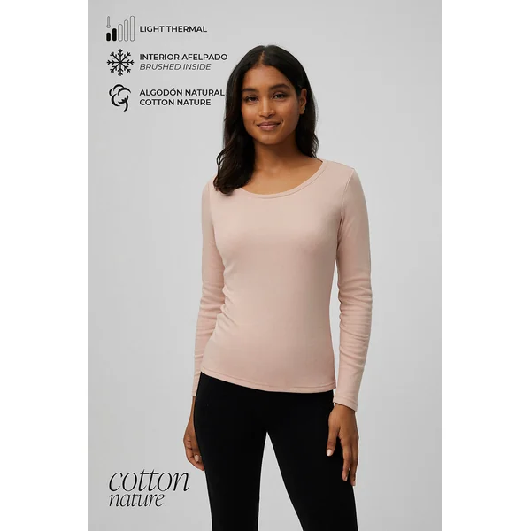 T-shirt couleur chair à manches longues et col rond en coton chaud