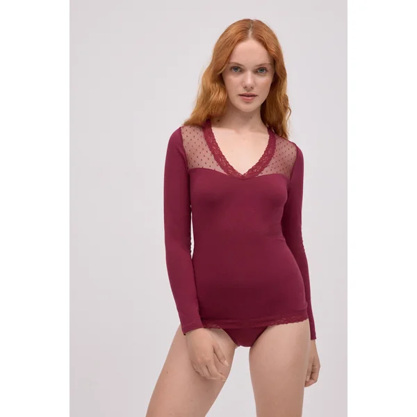 T-shirt en coton à manches longues avec détails d'encolure marron