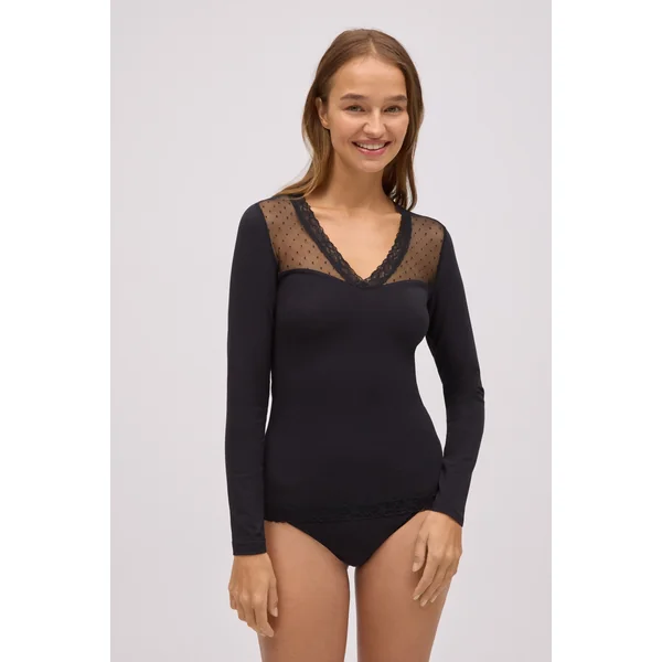 T-shirt en coton à manches longues avec détails d'encolure noirs
