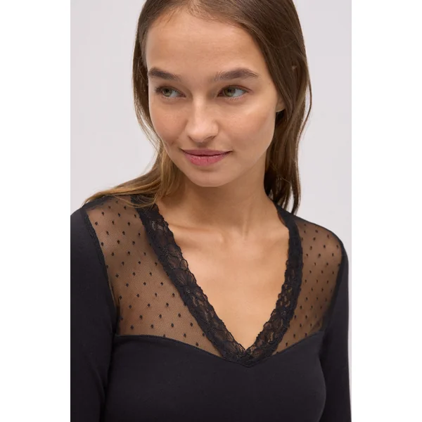 T-shirt en coton à manches longues avec détails d'encolure noirs