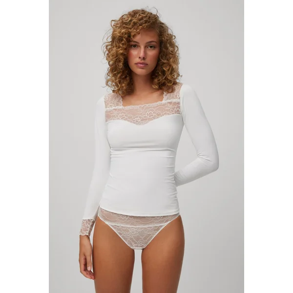 T-shirt en dentelle à manches longues avec encolure et poignets ivoire