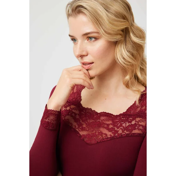 T-shirt thermique bordeaux en dentelle à manches longues