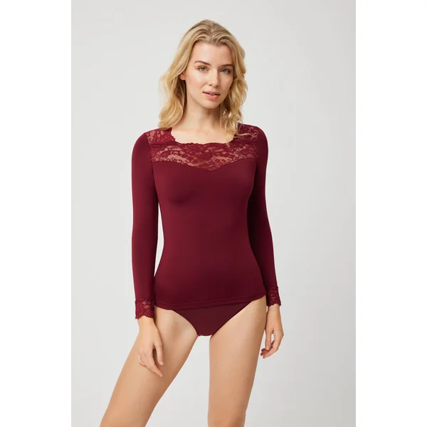 T-shirt thermique bordeaux en dentelle à manches longues
