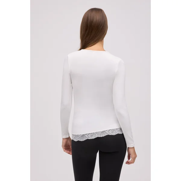 T-shirt thermique col V avec dentelle ivoire