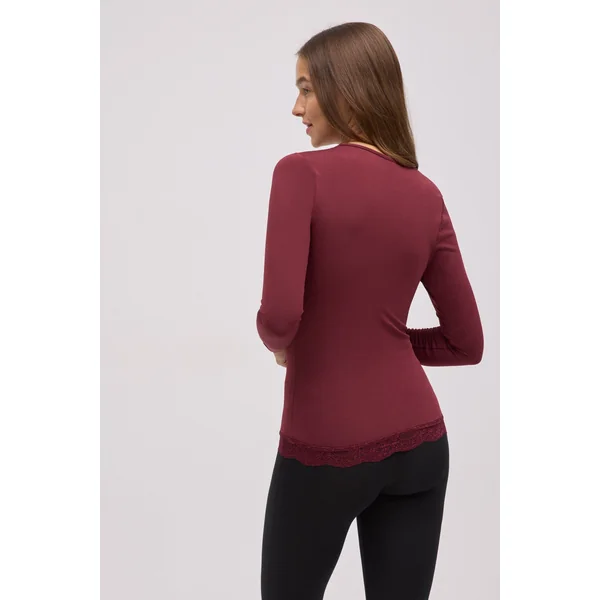 T-shirt thermique col V avec dentelle marron