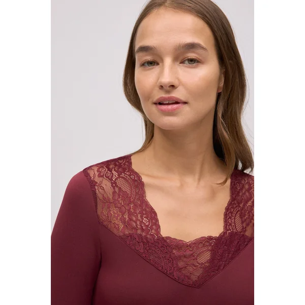 T-shirt thermique col V avec dentelle marron