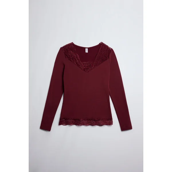T-shirt thermique col V avec dentelle marron