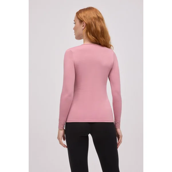 T-shirt thermique col V avec détails en dentelle rose