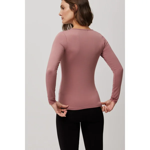 T-shirt thermique col V en dentelle rose à manches longues