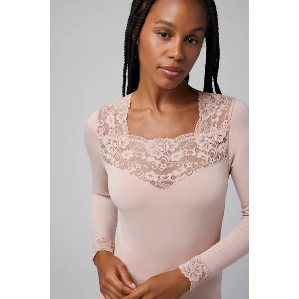 T-shirt thermique en dentelle à manches longues couleur chair
