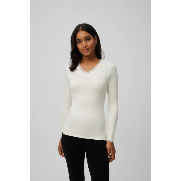 T-shirt thermique ivoire à manches longues et détail en dentelle, contrôle de la température