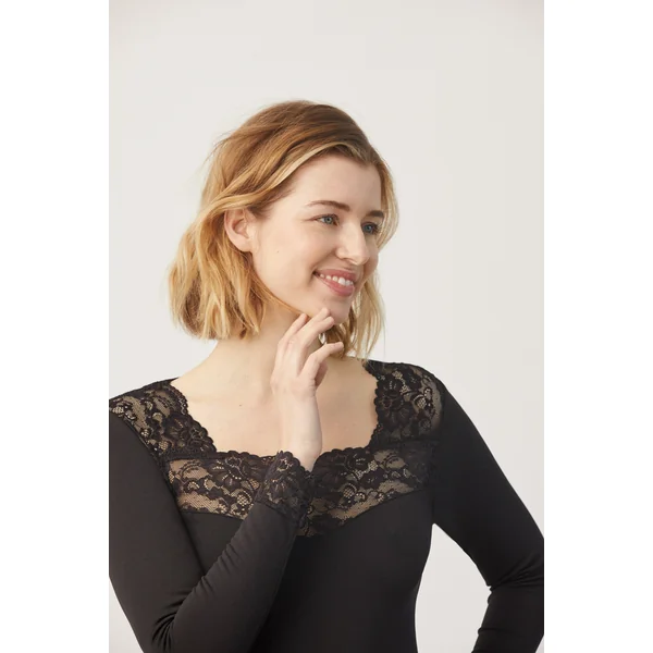 T-shirt thermique noir en dentelle à manches longues